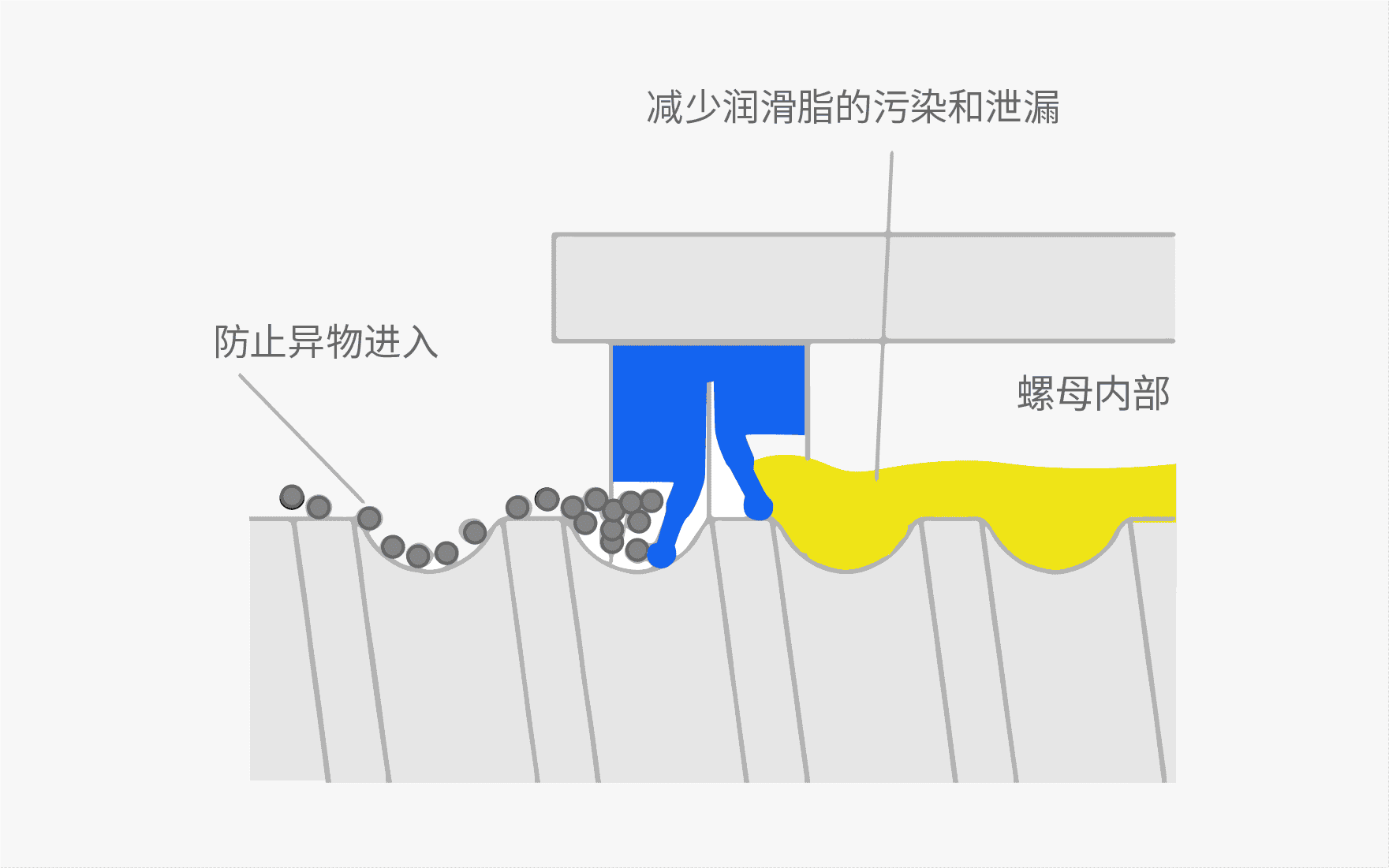 X1密封圈由2片密封圈组成：1、防尘密封圈，其前端的密封唇部向螺母外侧倾斜；2、内侧密封圈，向螺母内侧倾斜。