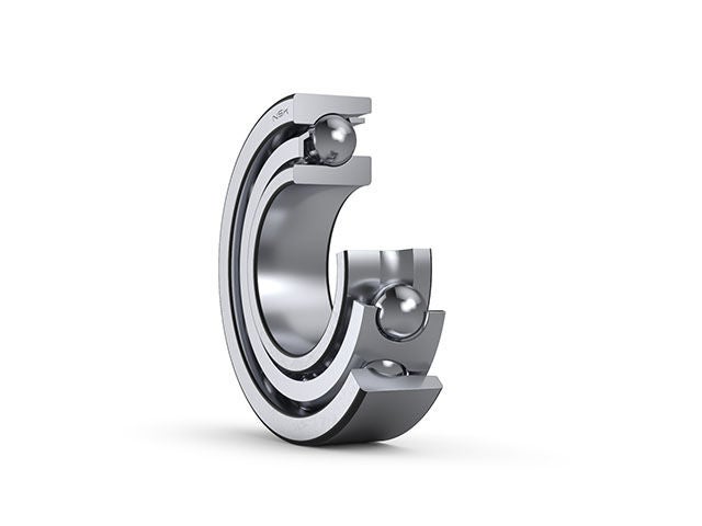 3D model cross section of bearing with pressed-steel cage.
